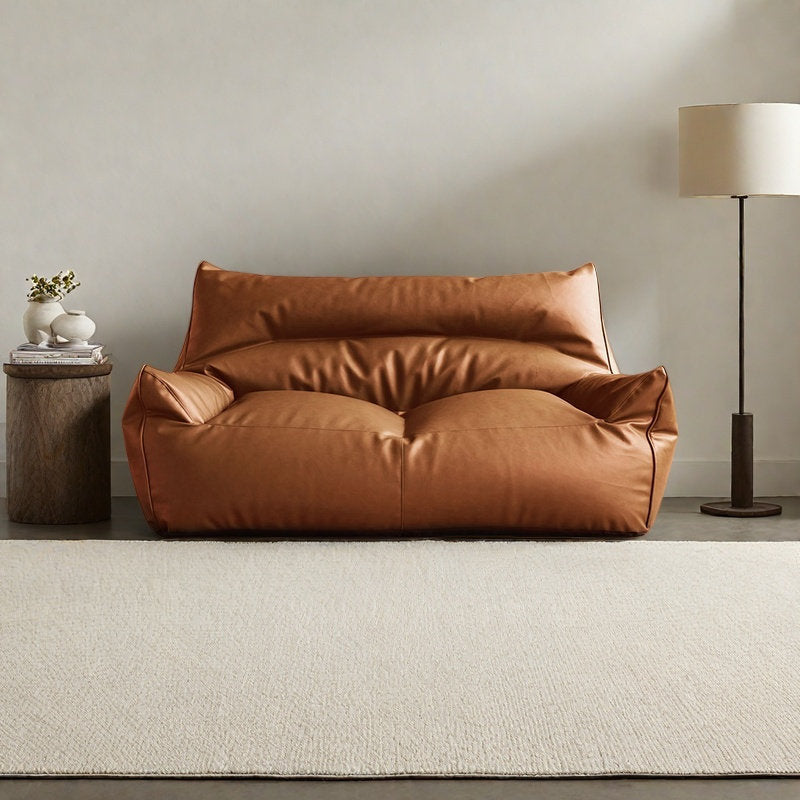 Retro minimalist bean bag sofa, 25.59" H x 57.08" W x 35.43" D, Brown Faux Leather