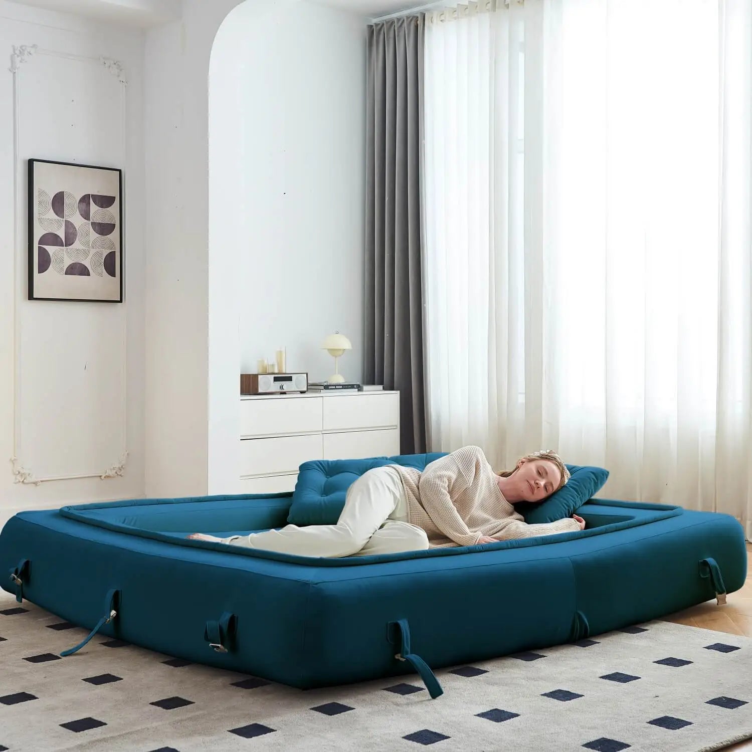 Modern Velvet Convertible Floor Sofa Bed - Blue