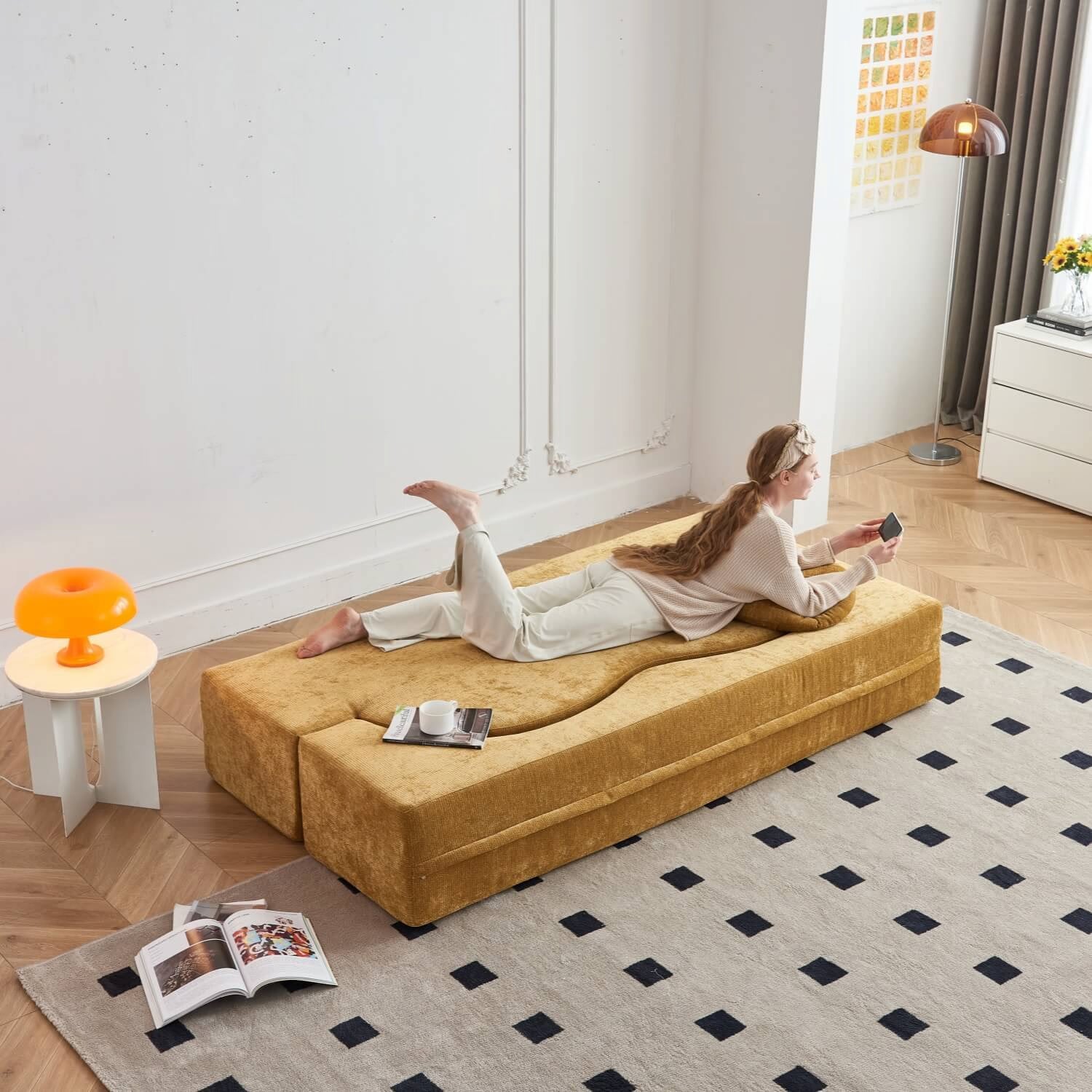 3-in-1 Convertible Floor Sofa Bed – Yellow