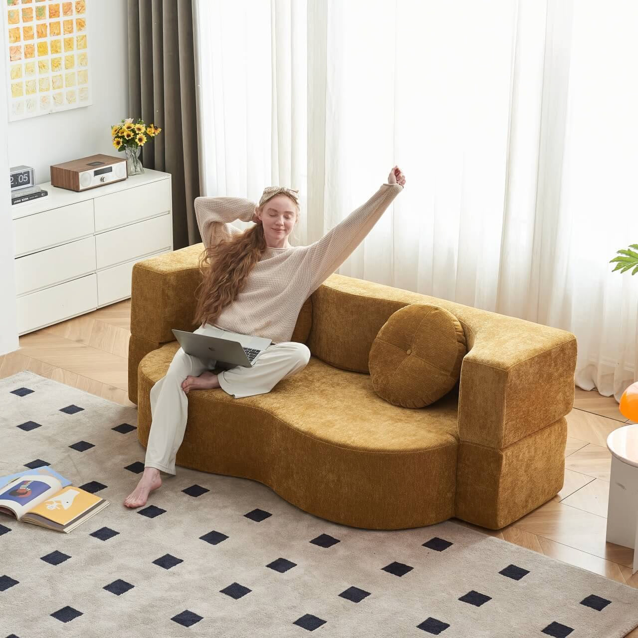 3-in-1 Convertible Floor Sofa Bed – Yellow